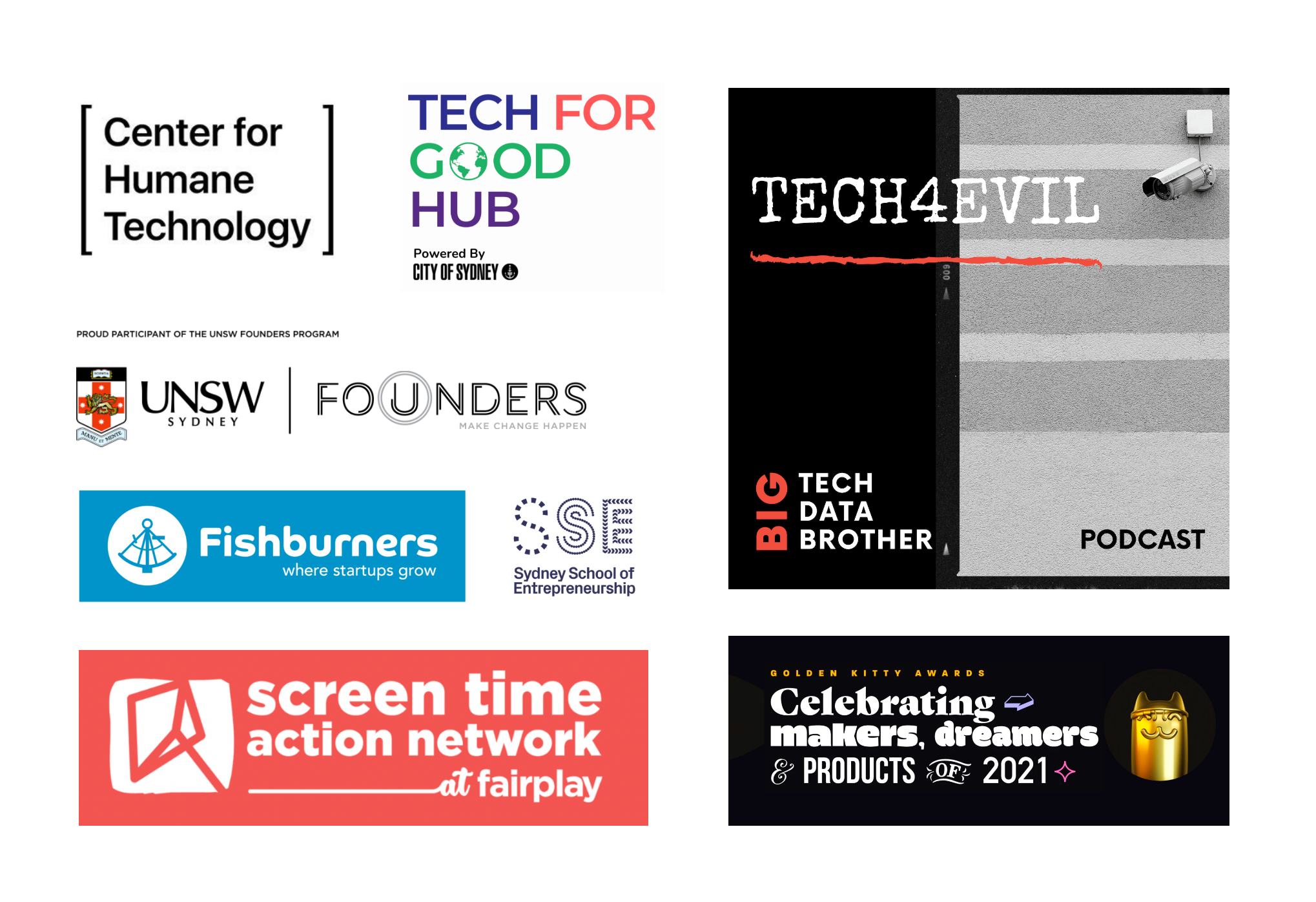 Involved with the Center for Humane Technology, City of Sydney Tech For Good Hub, the Tech 4 Evil podcast, UNSW Founders, Fishburners, Sydney School of Entrepreneurship, Screen Time Action Network at Fairplay, 2021 Golden Kitty awards