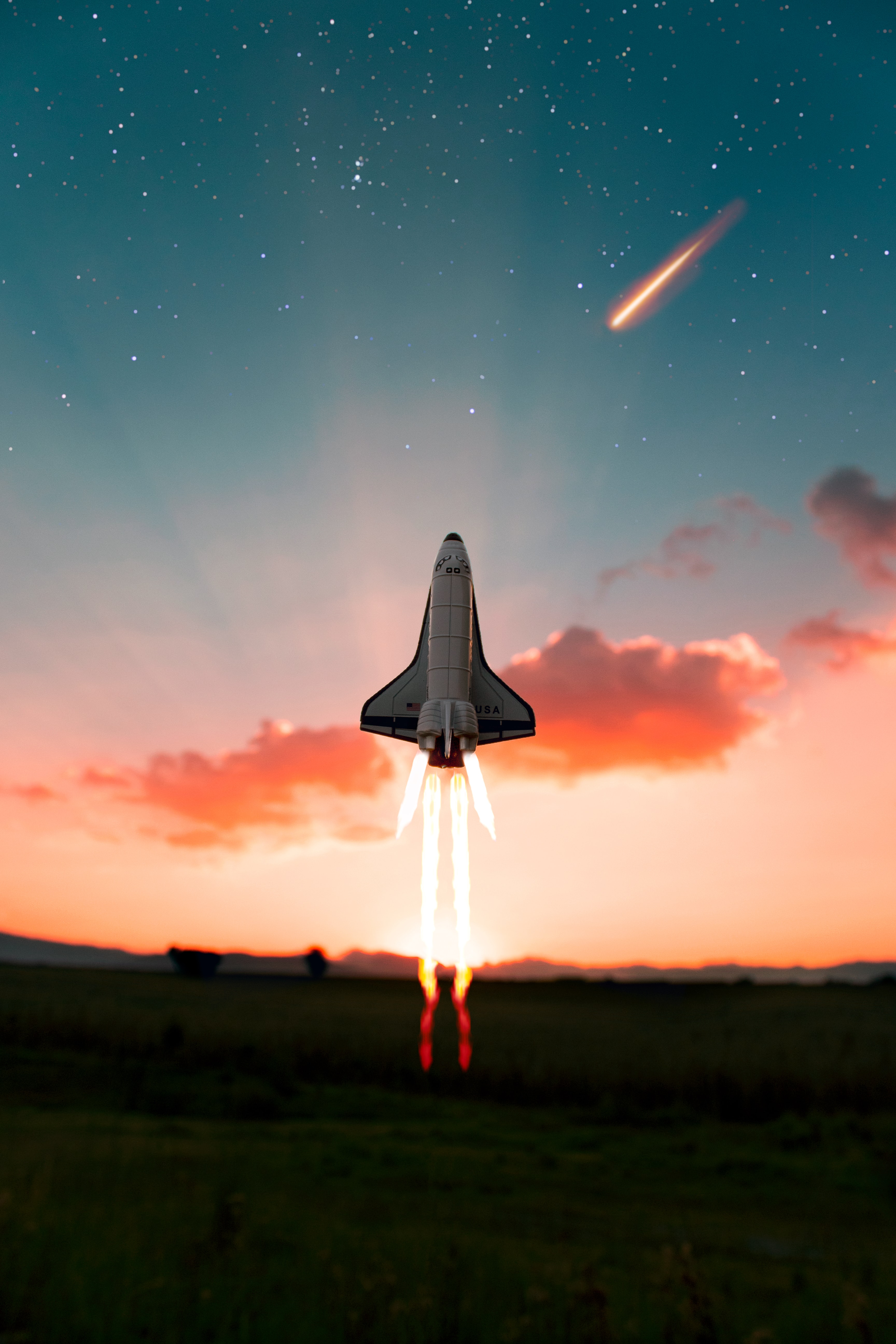 Rocket shuttle taking off in front of sunrise